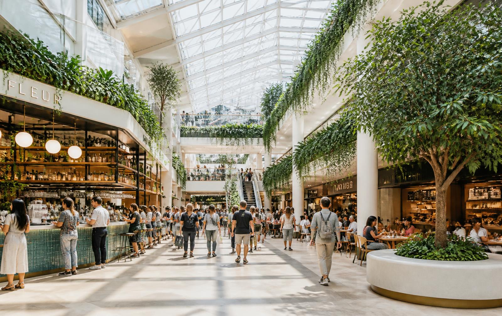Visitors choosing food in a bright modern mall food hall